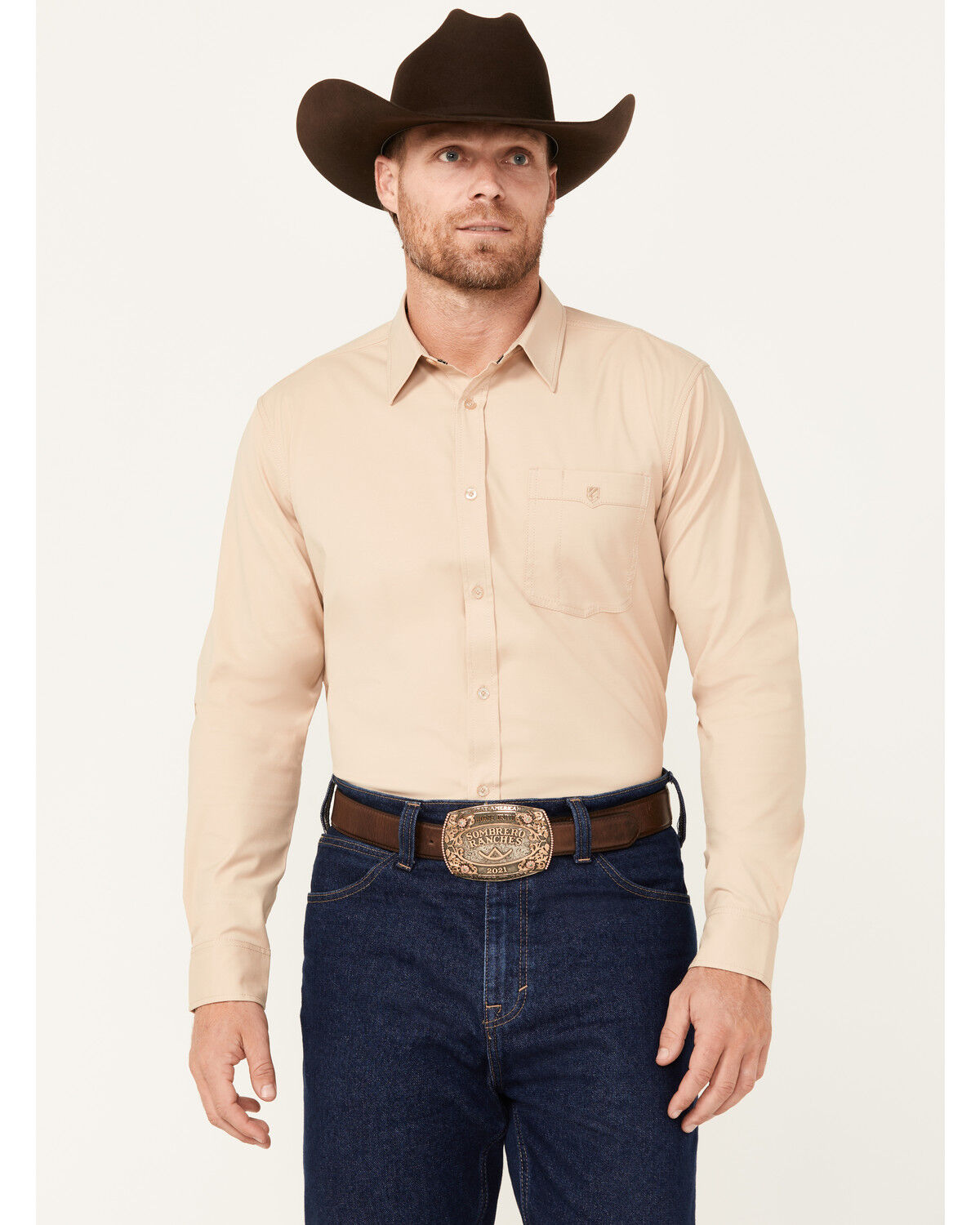 Image #1 - RANK 45® Men's Logo Long Sleeve Button-Down Performance Western Shirt, Tan, hi-res