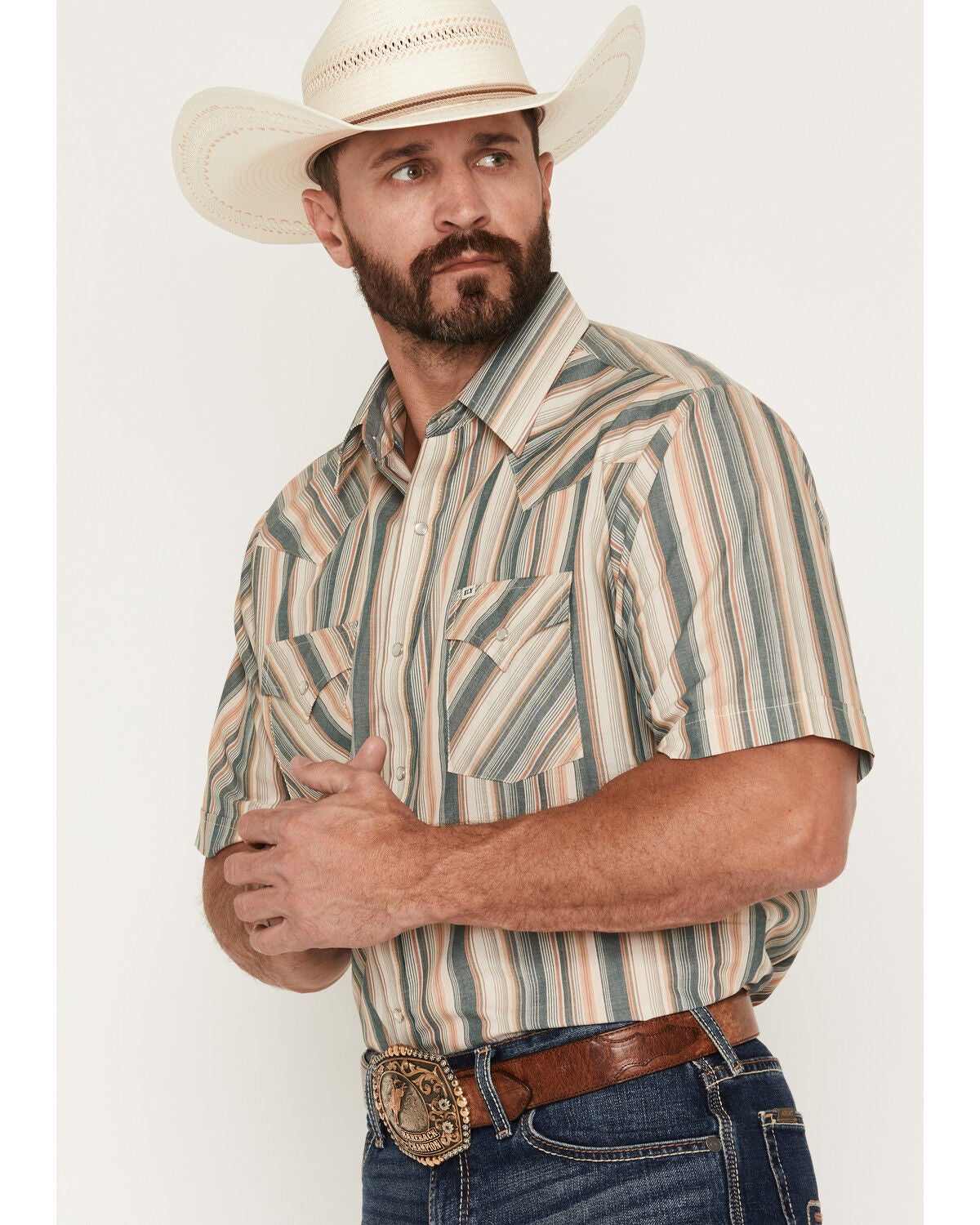 Image #2 - Ely Walker Men's Striped Short Sleeve Pearl Snap Western Shirt, Cream, hi-res