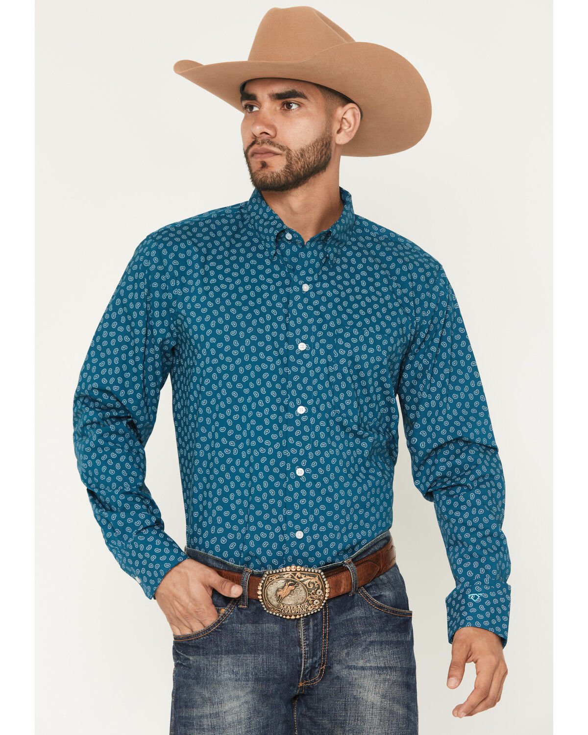 Image #1 - Wrangler X Cody Johnson Men's Paisley Print Long Sleeve Button-Down Western Shirt, Dark Teal, hi-res