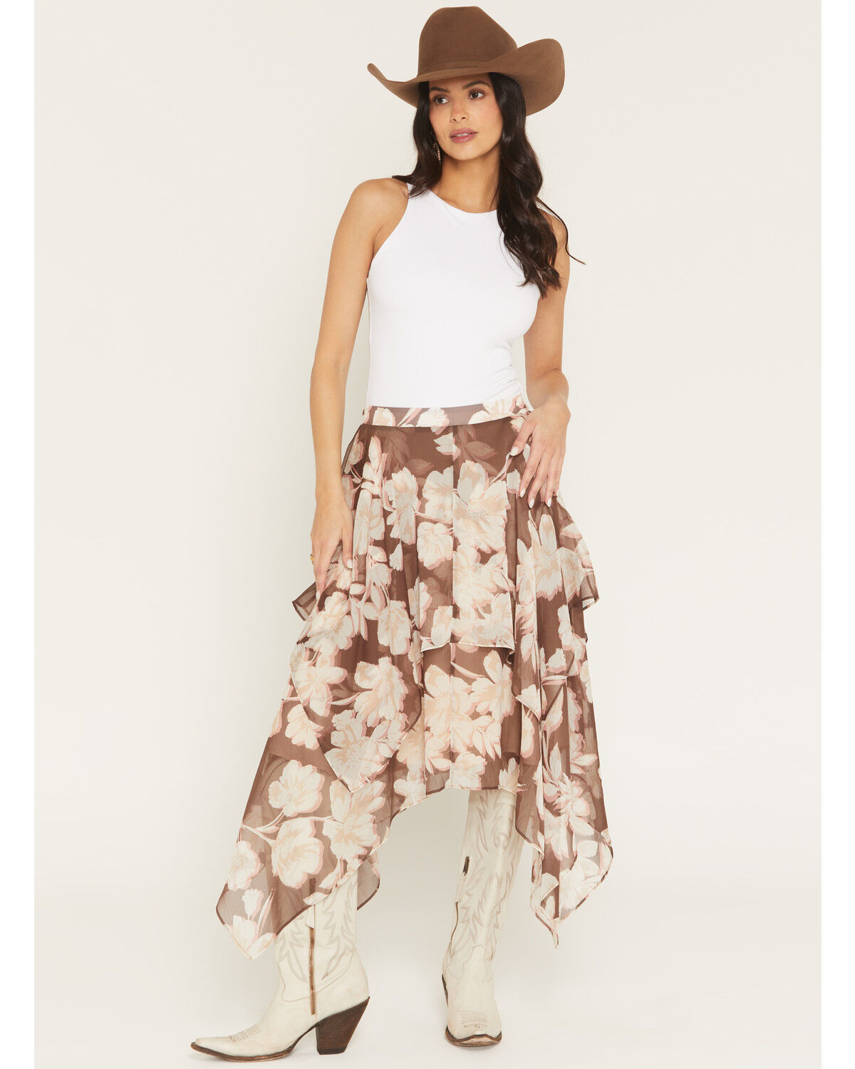 Image #1 - Shyanne Women's Floral Tiered Midi Skirt, Brown, hi-res
