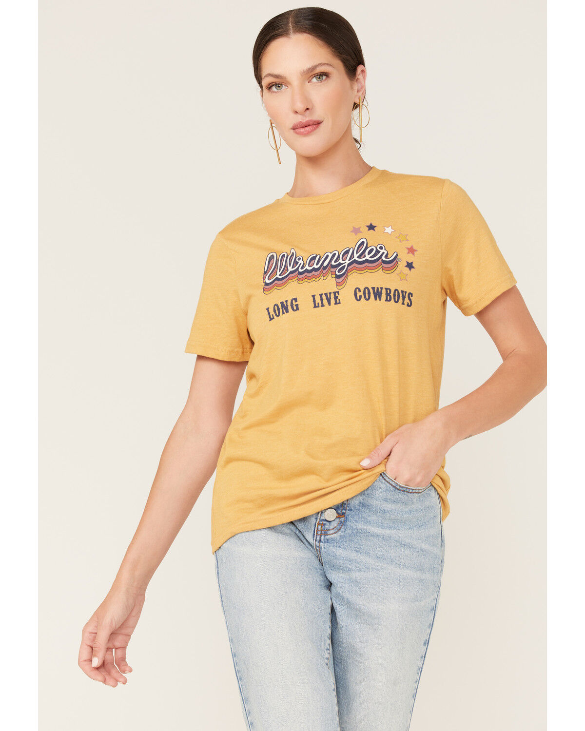 Image #1 - Wrangler Women's Boot Barn Exclusive Long Live Cowboys Desert Graphic Tee, Mustard, hi-res