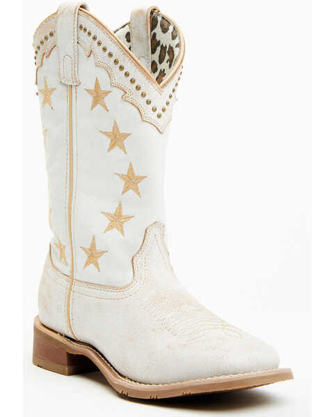 Image #1 - Laredo Women's Early Star 11" Studded Western Performance Boots - Broad Square Toe, White, hi-res