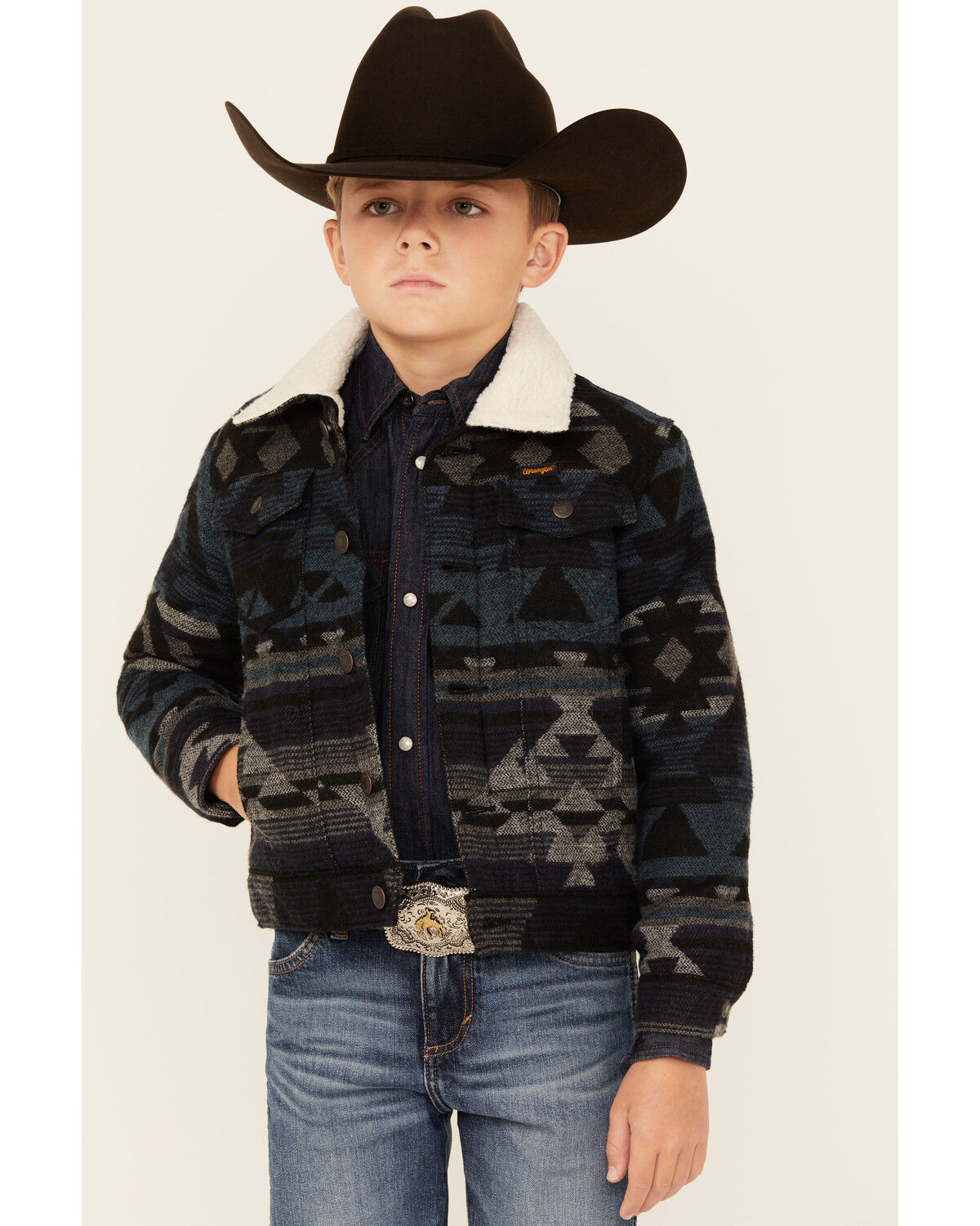 Image #1 - Wrangler Boys' Southwestern Print Sherpa Lined Jacket, Navy, hi-res