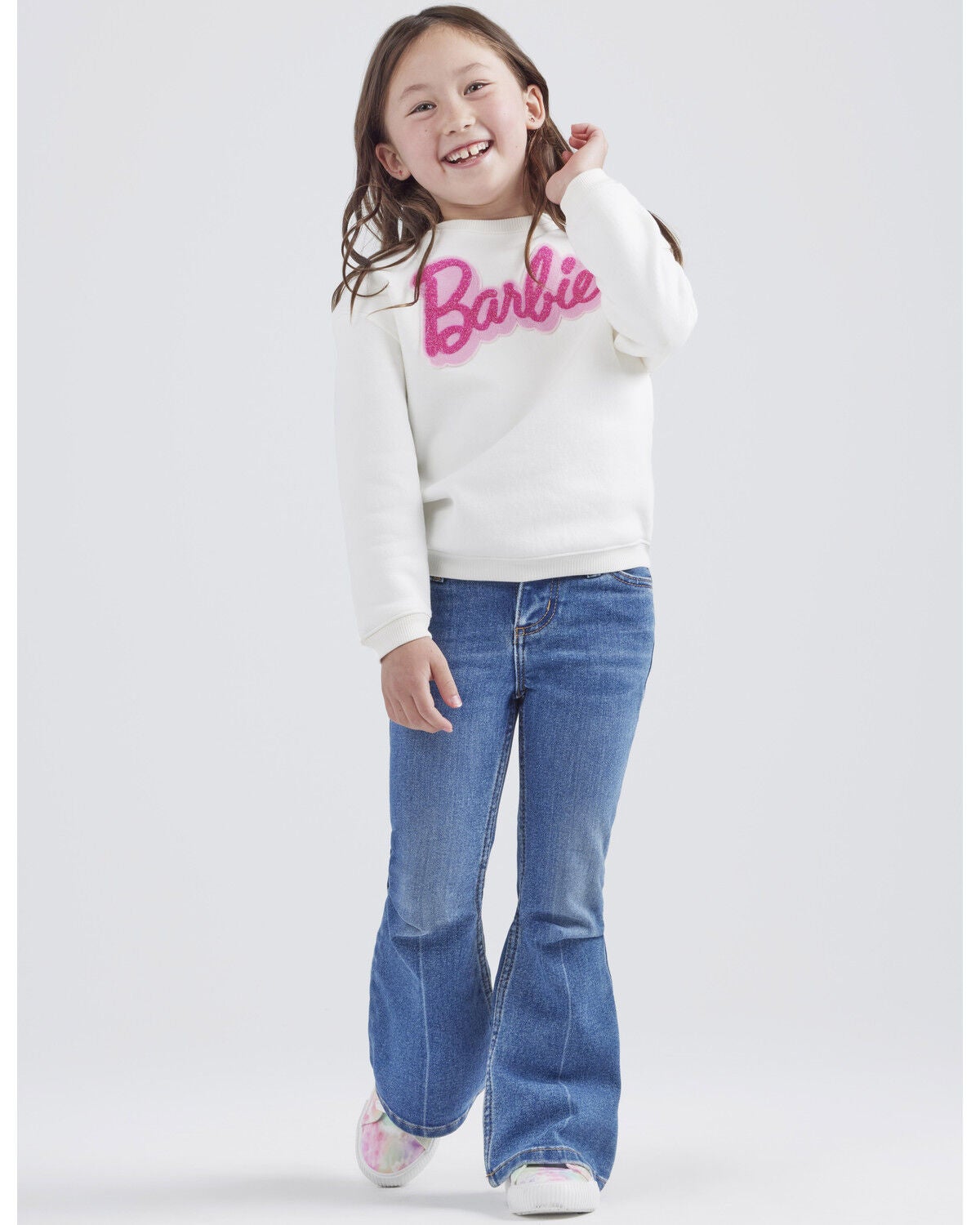 Wrangler&reg; X Barbie&trade; Girls' Medium Wash Mid Rise Pink Patch Stretch Flare Jeans, Medium Wash, hi-res