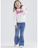 Image #1 - Wrangler&reg; X Barbie&trade; Girls' Medium Wash Mid Rise Pink Patch Stretch Flare Jeans, Medium Wash, hi-res