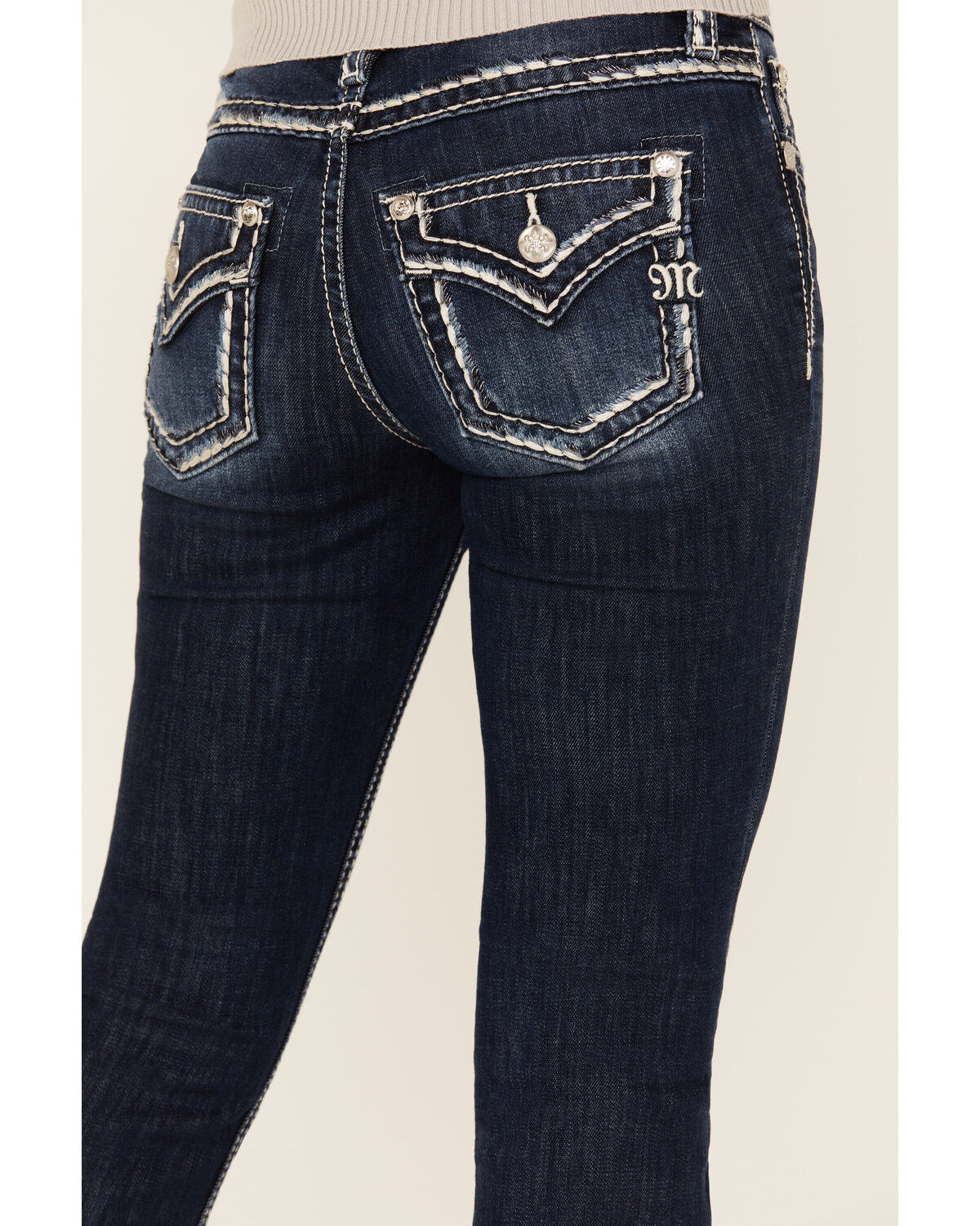 Image #2 - Miss Me Women's Dark Wash Mid Rise Border Pocket Bootcut Stretch Denim Jeans, Dark Wash, hi-res
