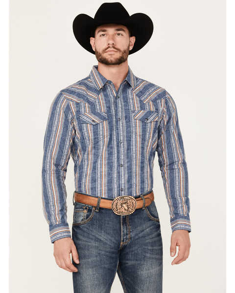 Image #1 - Cody James Men's Sky Lodge Striped Print Long Sleeve Pearl Snap Western Shirt, Blue, hi-res