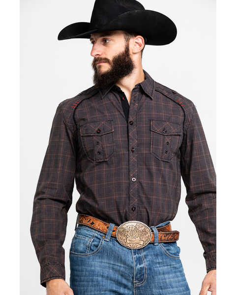Image #1 - Austin Season Men's Embroidered Cross Plaid Print Button Long Sleeve Western Shirt, Brown, hi-res