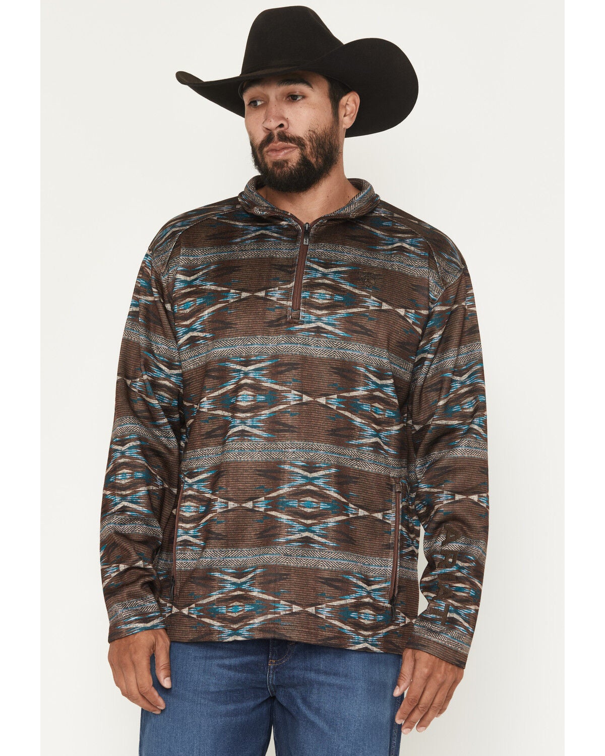 Image #1 - Ariat Men's Caldwell Southwestern Print 1/4 Zip Pullover Sweater, Dark Red, hi-res