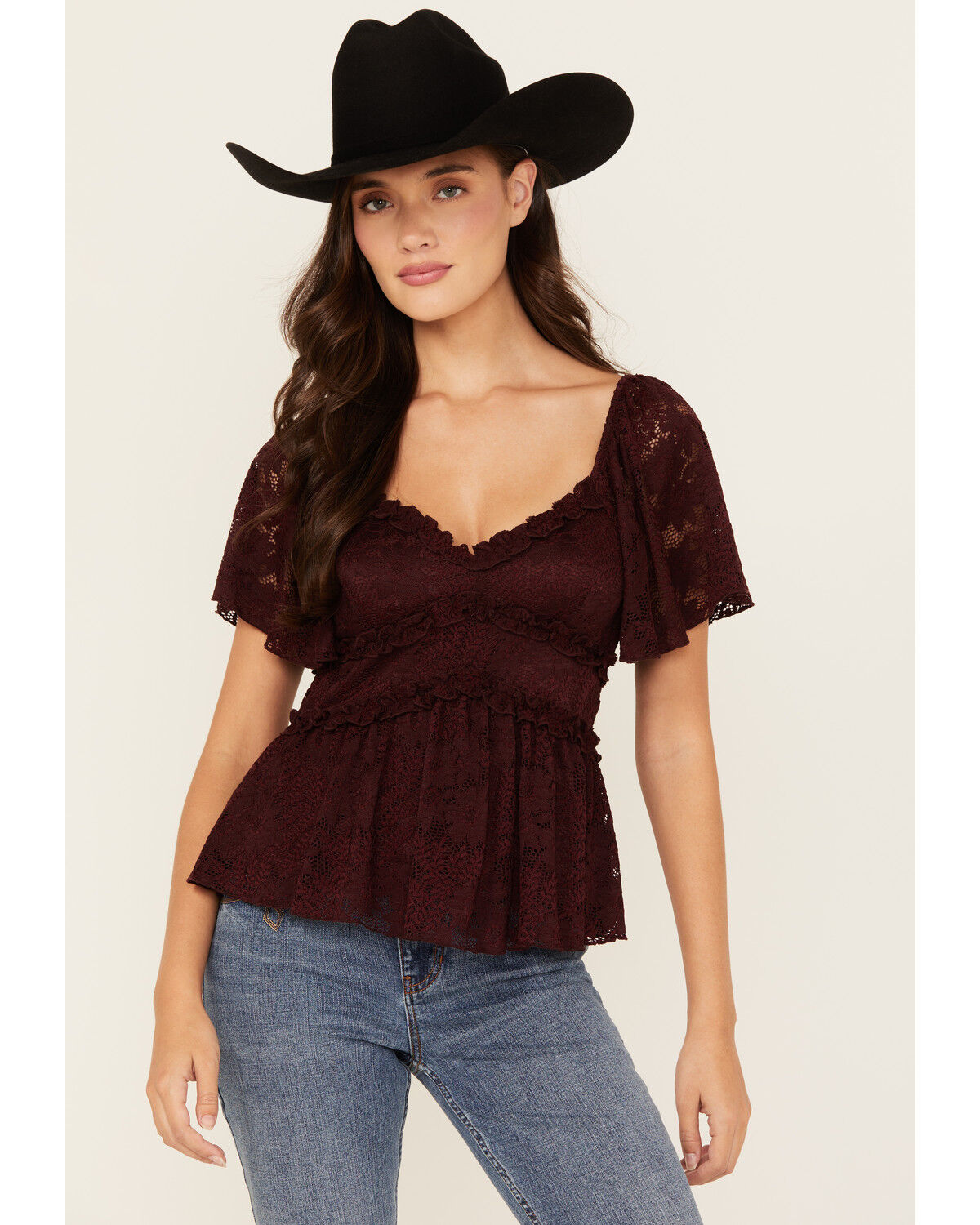 Image #1 - Originality Women's Ruffle Lace Short Sleeve Top, Brown, hi-res