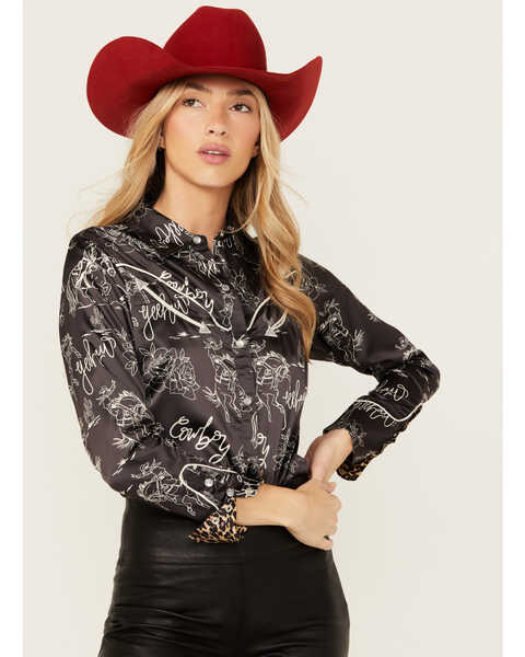 Rodeo Quincy Women's Horse Print Long Sleeve Pearl Snap Western Shirt , Black/white, hi-res