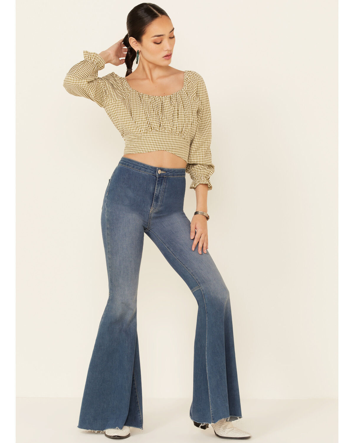 Image #2 - Beyond The Radar Women's Gingham Print Tie Back Crop Top, Olive, hi-res