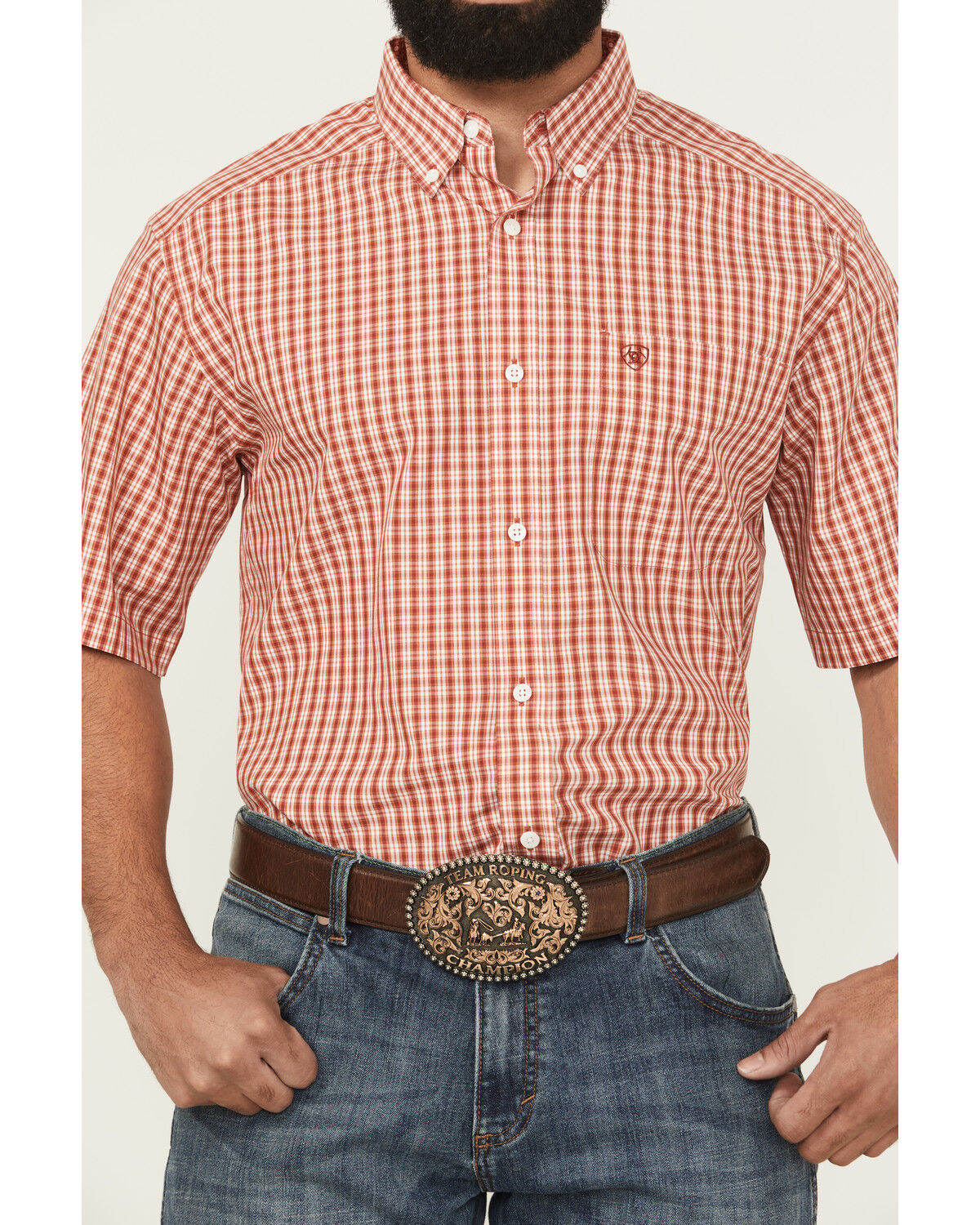 Image #3 - Ariat Men's Emery Wrinkle Free Plaid Print Short Sleeve Button-Down Western Shirt - Big, Orange, hi-res