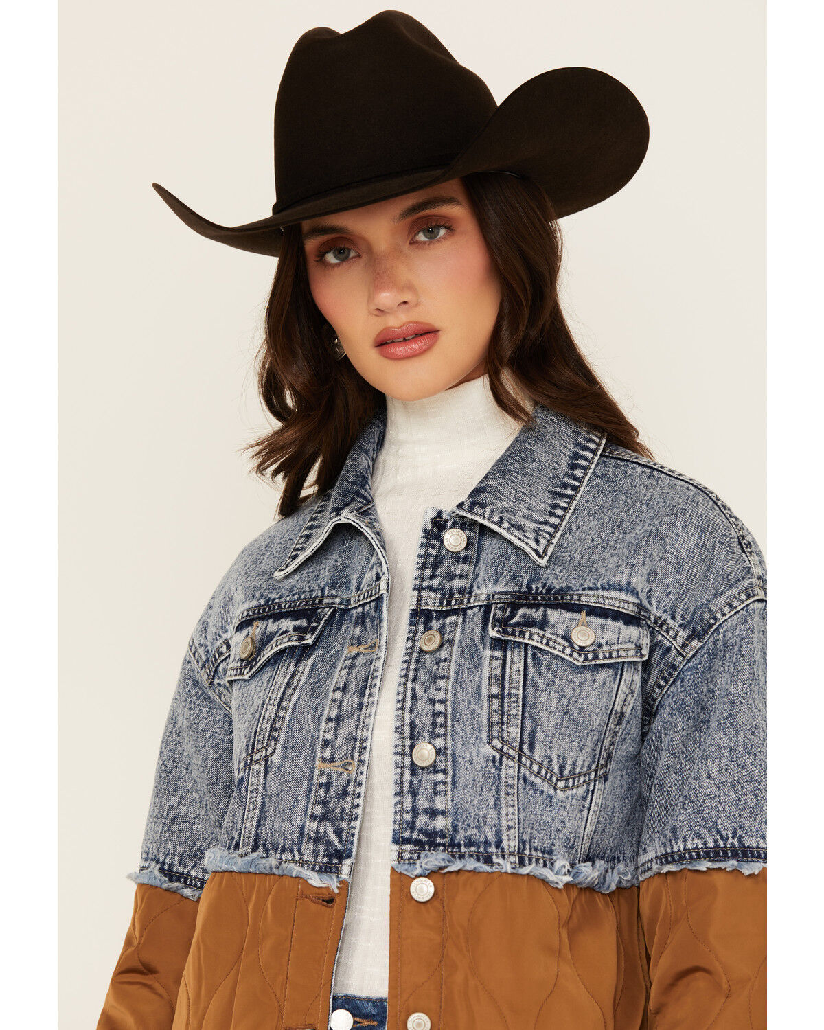 Image #2 - Ashley Women's Color Block Quilted Denim Jacket, Brown, hi-res