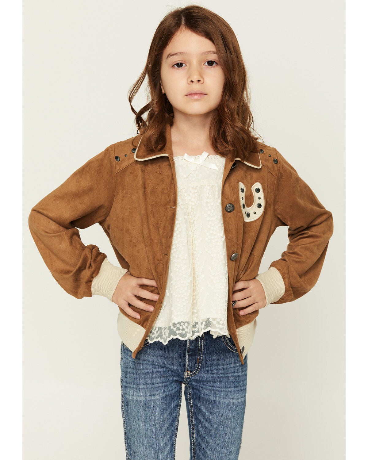 Image #2 - Shyanne Girls' Studded Faux Suede Horse Button-Down Jacket, Coffee, hi-res