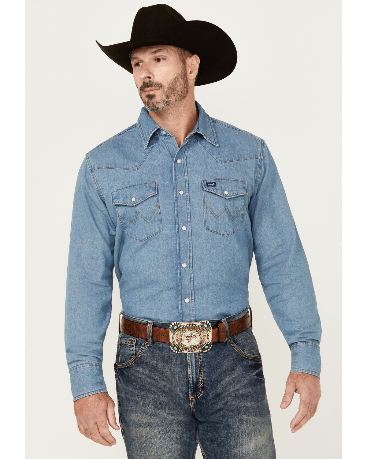 Image #1 - Wrangler Men's Stonewash Denim Long Sleeve Work Shirt, Stonewash, hi-res