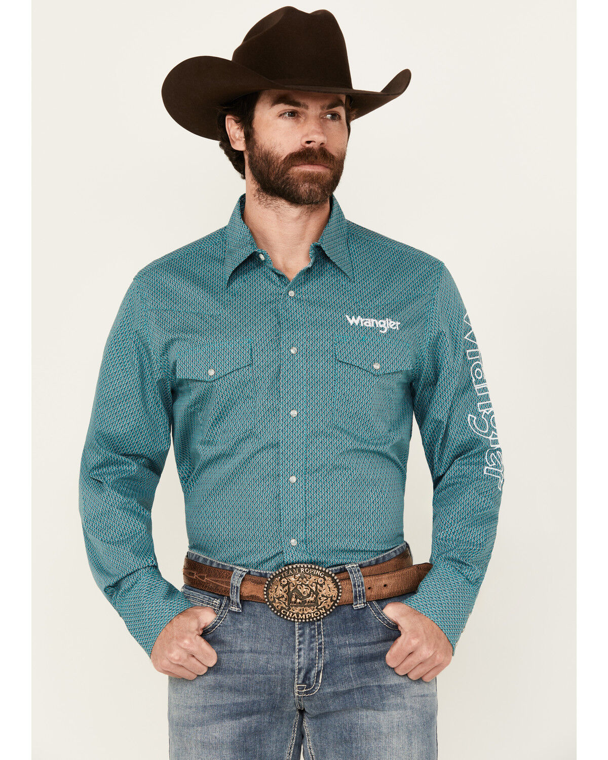 Image #1 - Wrangler Men's Logo Geo Print Long Sleeve Snap Western Shirt, Turquoise, hi-res