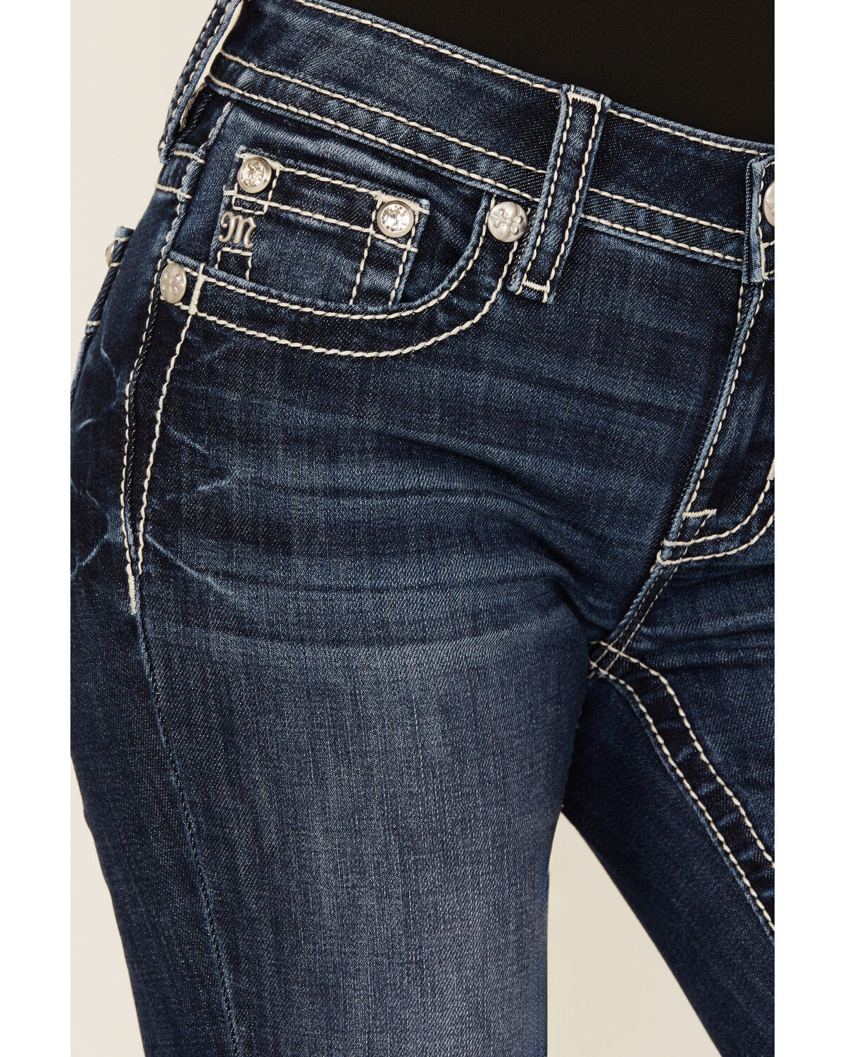 Image #4 - Miss Me Women's Dark Wash Mid Rise Feather Pocket Bootcut Stretch Denim Jeans, Dark Wash, hi-res