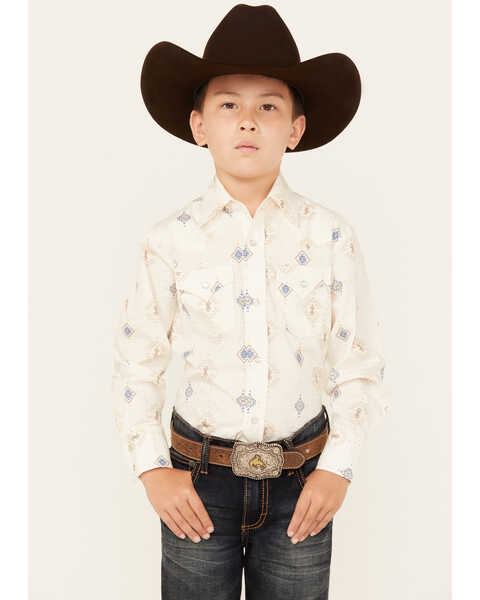 Image #1 - Ely Walker Boys' Southwestern Print Long Sleeve Pearl Snap Western Shirt , Tan, hi-res