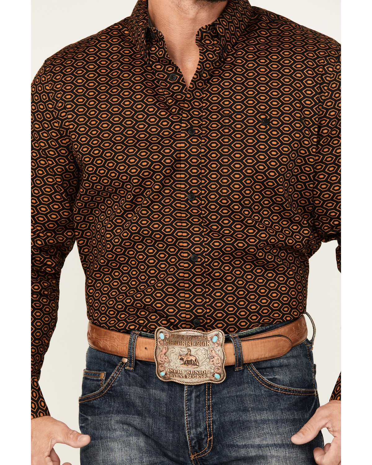 Image #3 - RANK 45® Men's Trench Jacquard Geo Print Long Sleeve Button-Down Stretch Western Shirt, Black, hi-res