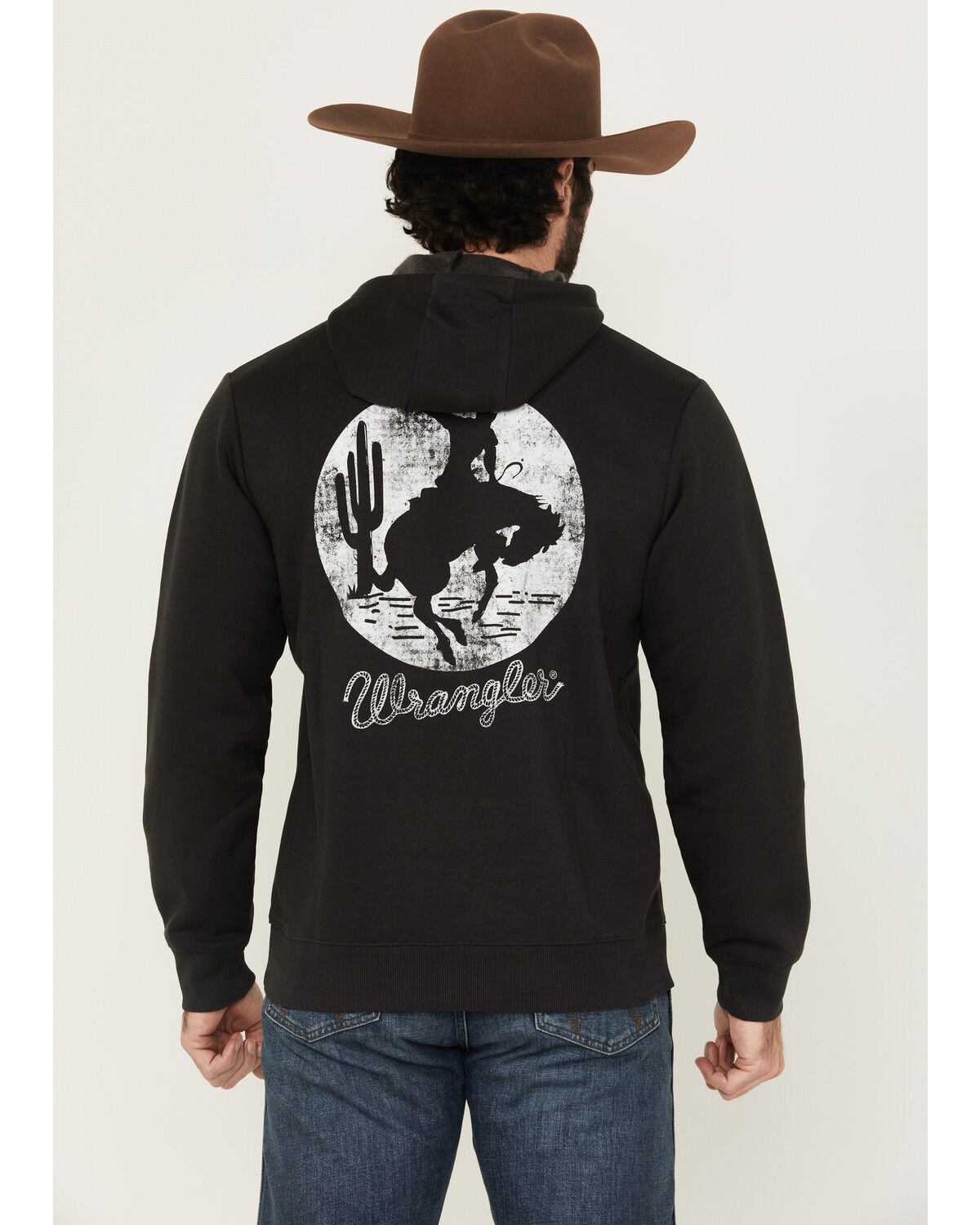 Image #1 - Wrangler Men's Boot Barn Exclusive Bucking Bronco Hooded Sweatshirt, Black, hi-res