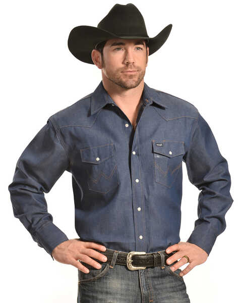 Wrangler Men's Indigo Denim Long Sleeve Work Shirt - Tall, Indigo, hi-res