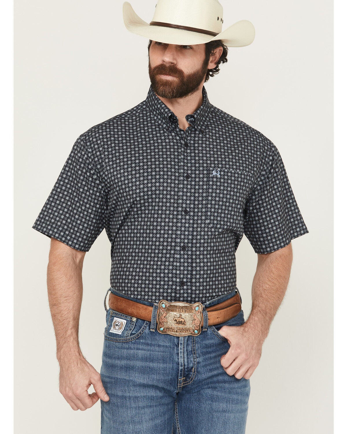 Cinch Men's Geo Print Short Sleeve Button-Down Performance Stretch Western Shirt, Navy, hi-res