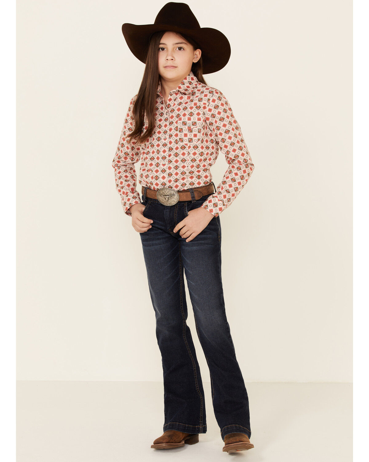 Image #5 - Cruel Girl Girls' Diamond Geo Print Long Sleeve Pearl Snap Western Shirt, Pink, hi-res