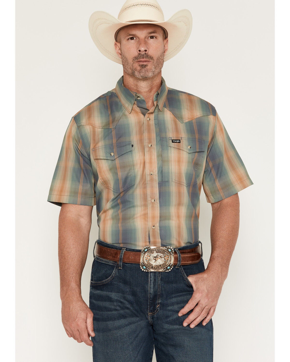 Image #1 - Wrangler Men's ATG Turbulence Plaid Print Short Sleeve Snap Performance Western Shirt, Multi, hi-res