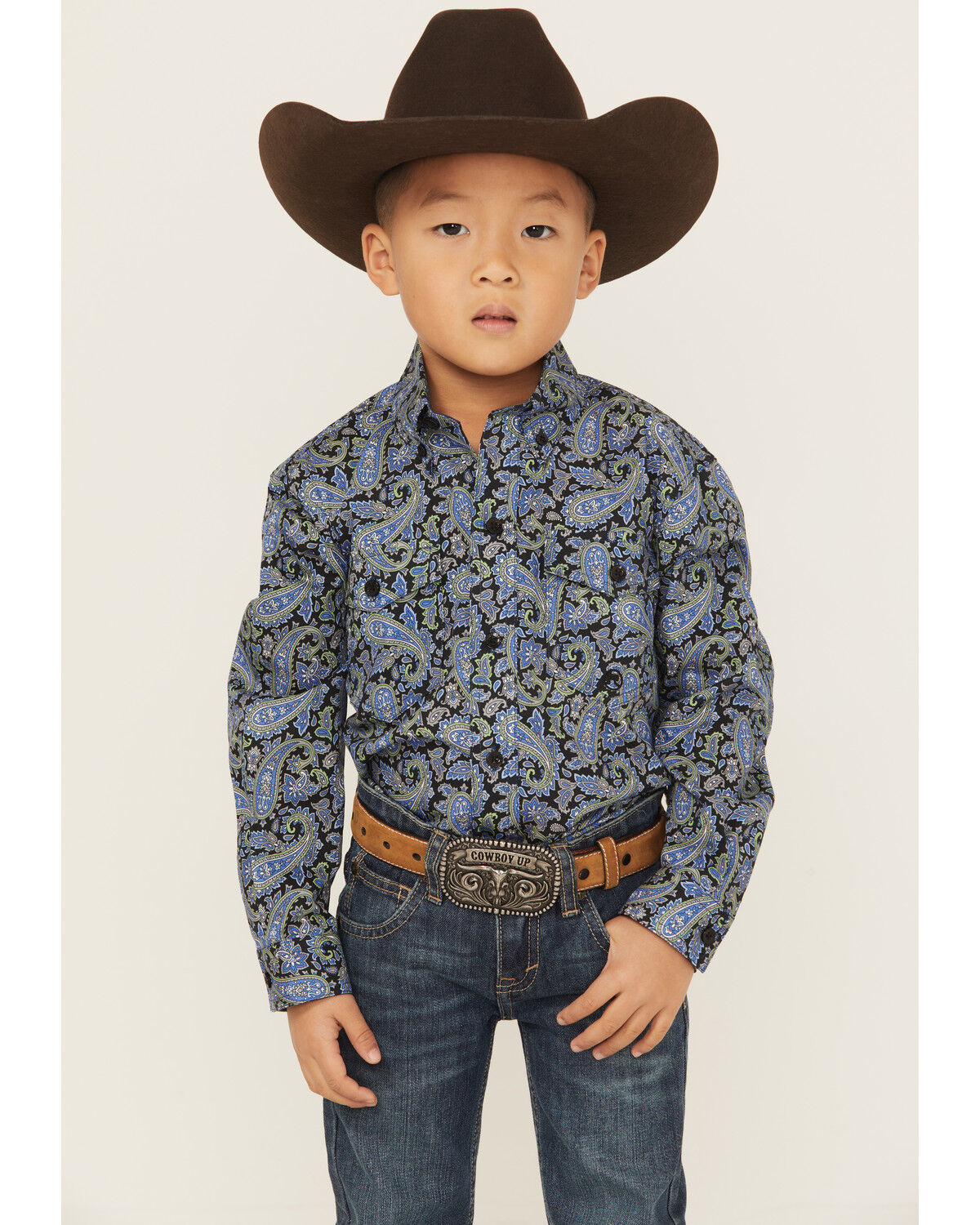 Image #1 - Roper Boys' Paisley Print Long Sleeve Button-Down Western Shirt, Blue, hi-res