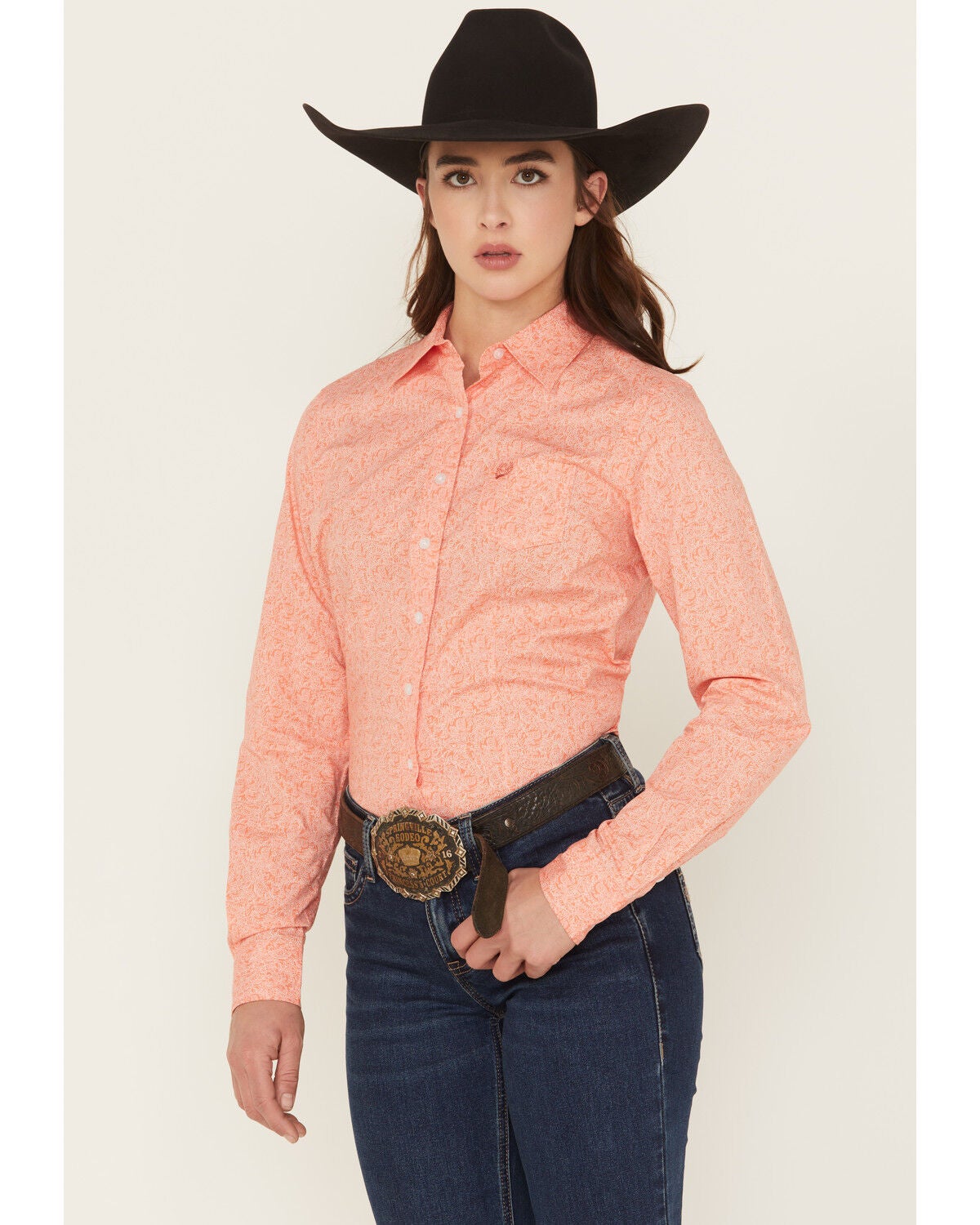 Cinch Women's Paisley Print Long Sleeve Button-Down Stretch Western Shirt, Coral, hi-res
