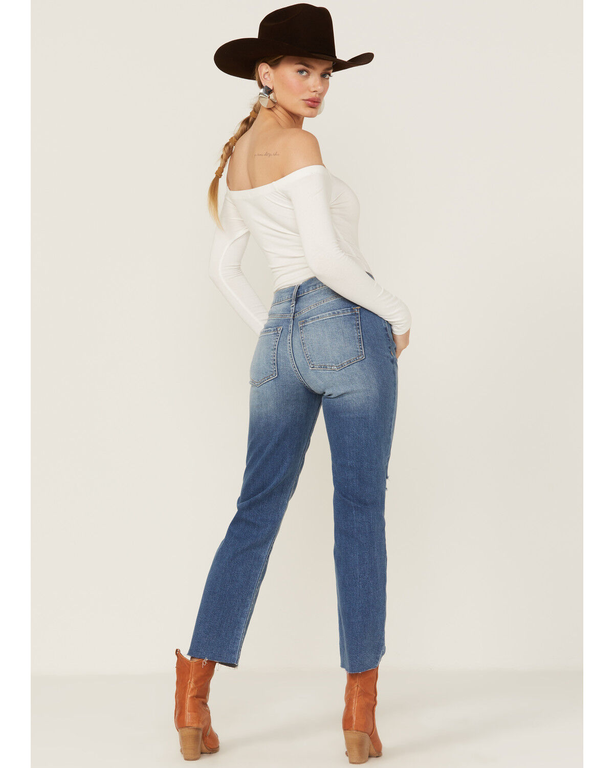 Image #3 - Sneak Peek Women's Medium Dark Wash High Rise Distressed Knee Straight Jean, Blue, hi-res