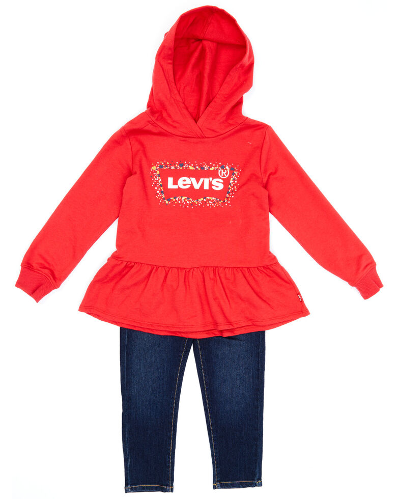 Levi's Toddler Girls' Red Peplum Logo Ruffle Pullover Sweatshirt & Jean Set, Red, hi-res
