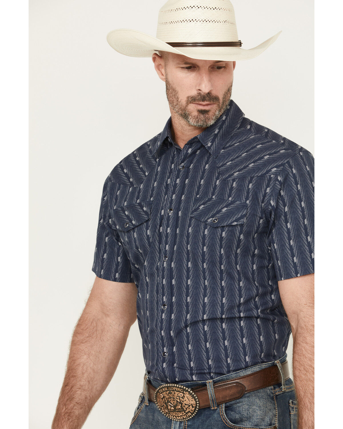 Image #2 - Gibson Trading Co Men's Ritual Striped Short Sleeve Snap Stretch Western Shirt, Navy, hi-res