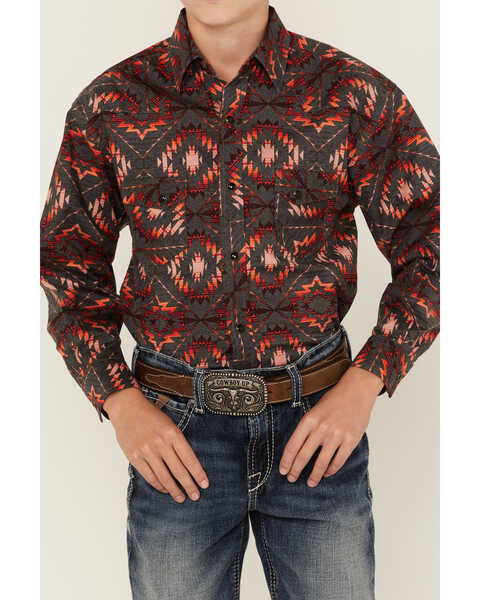 Image #3 - Panhandle Boys' Southwestern Print Long Sleeve Snap Western Shirt , Orange, hi-res
