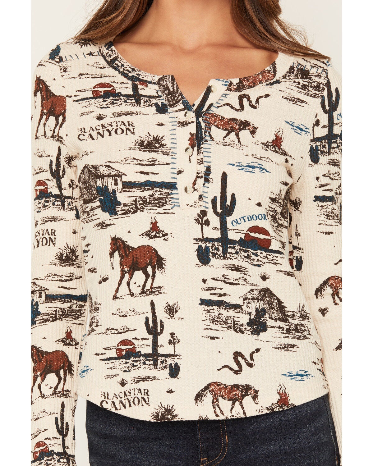 Image #3 - Shyanne Women's Hillsdale Printed Long Sleeve Henley Thermal Top, Natural, hi-res