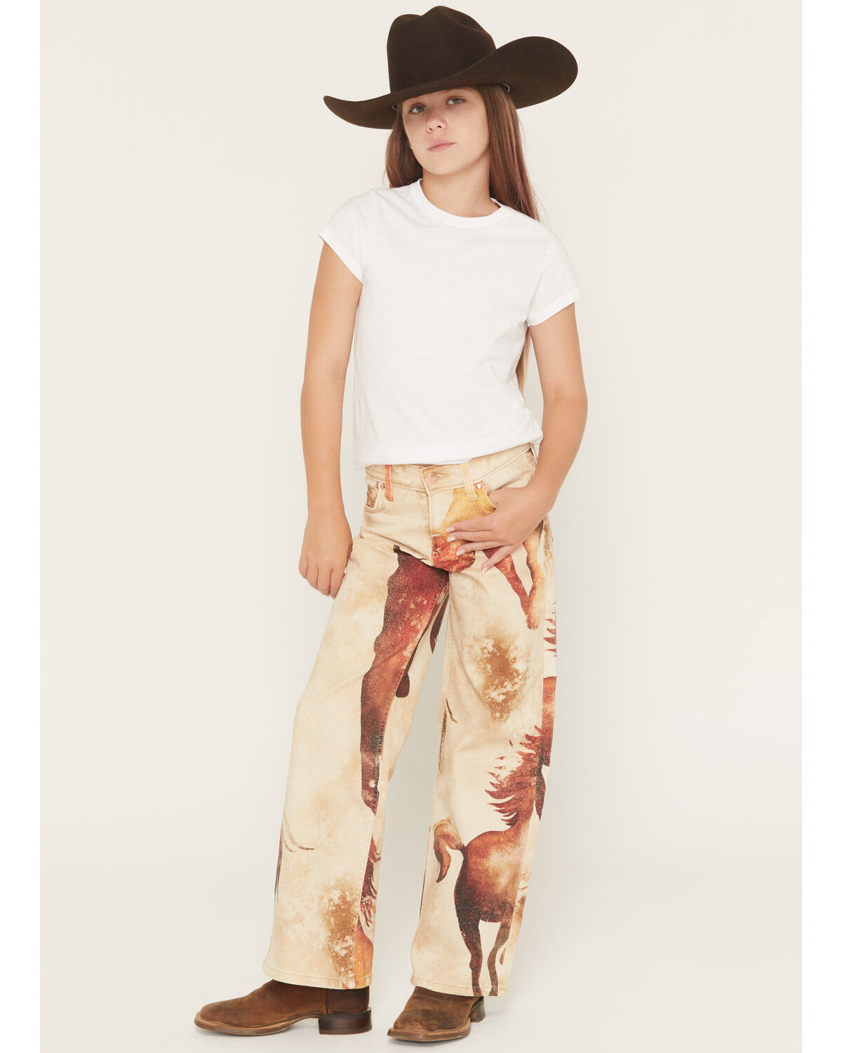 Image #1 - Wrangler X Lainey Wilson Girls' Horse Print Wide Leg Stretch Denim Jeans, Tan, hi-res