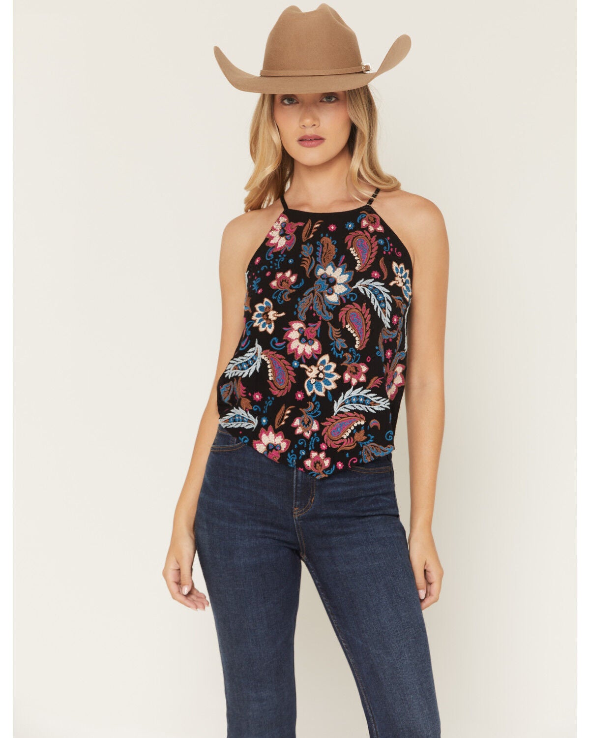 Image #1 - Idyllwind Women's Floral Haze Embroidered Crinkle Tank Top, Black, hi-res