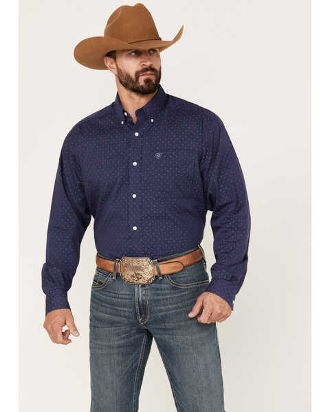 Image #1 - Ariat Men's Wrinkle Free Izik Stripe Long Sleeve Button Down Western Shirt, Navy, hi-res