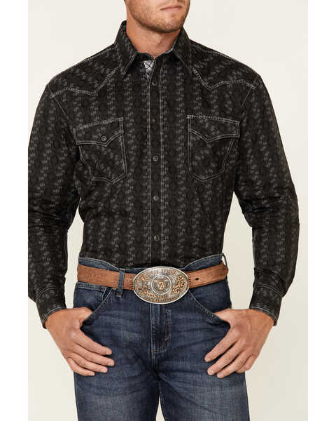 Rough Stock By Panhandle Men's Tonal Southwestern Print Long Sleeve Snap Western Shirt , Charcoal, hi-res