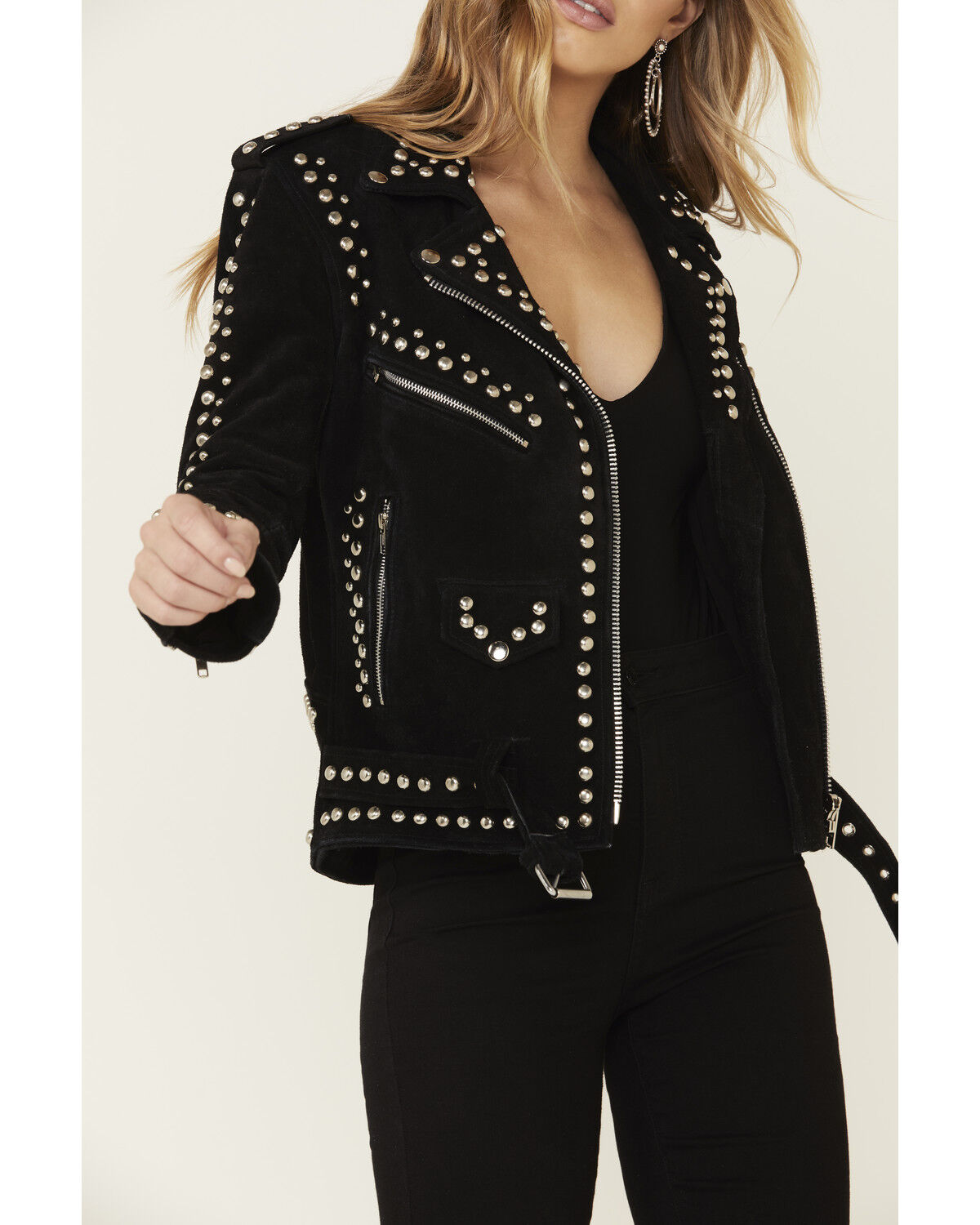 Image #3 - Understated Leather Women's Black Dome Studded Moto Suede Jacket , , hi-res