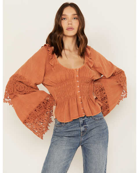 Image #2 - Scully Women's Long Sleeve Crochet Lace Trim Top, Rust Copper, hi-res