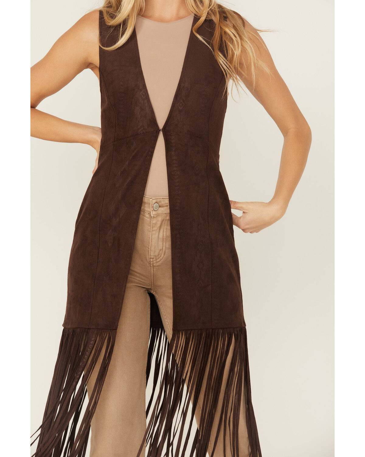 Image #3 - Shyanne Women's Embossed Southwestern Print Fringe Faux Suede Vest, Dark Brown, hi-res