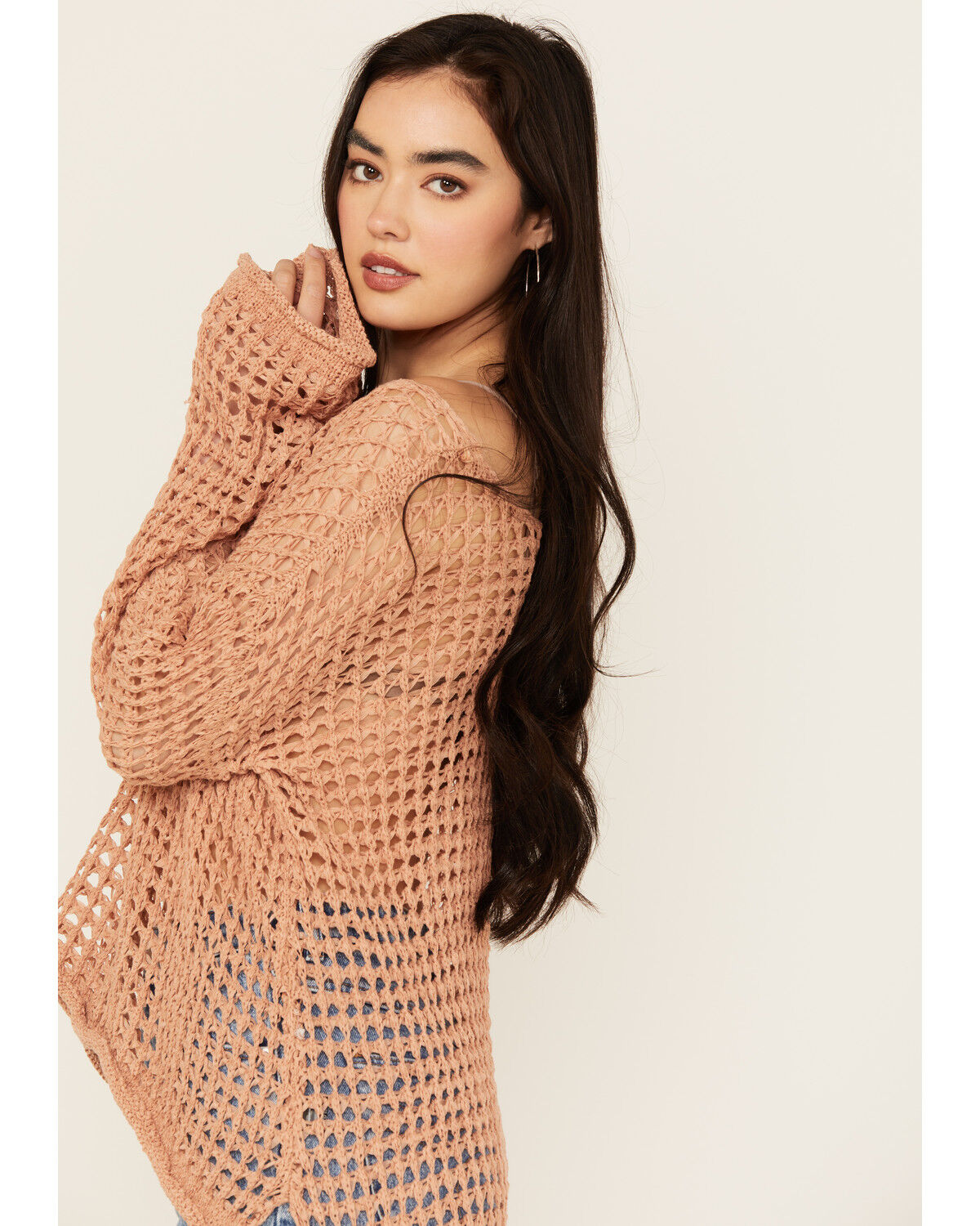 Image #2 - People of Leisure Women's Open Crochet Long Sleeve Sweater, Coral, hi-res
