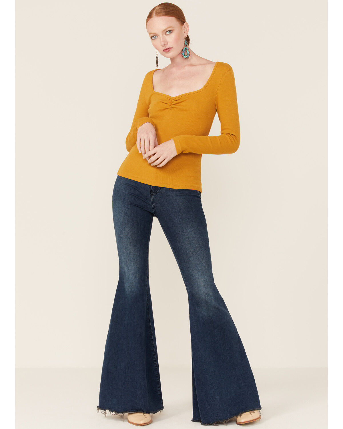 Image #2 - Panhandle Women's Cinch Front Ribbed Knit Long Sleeve Top, Gold, hi-res