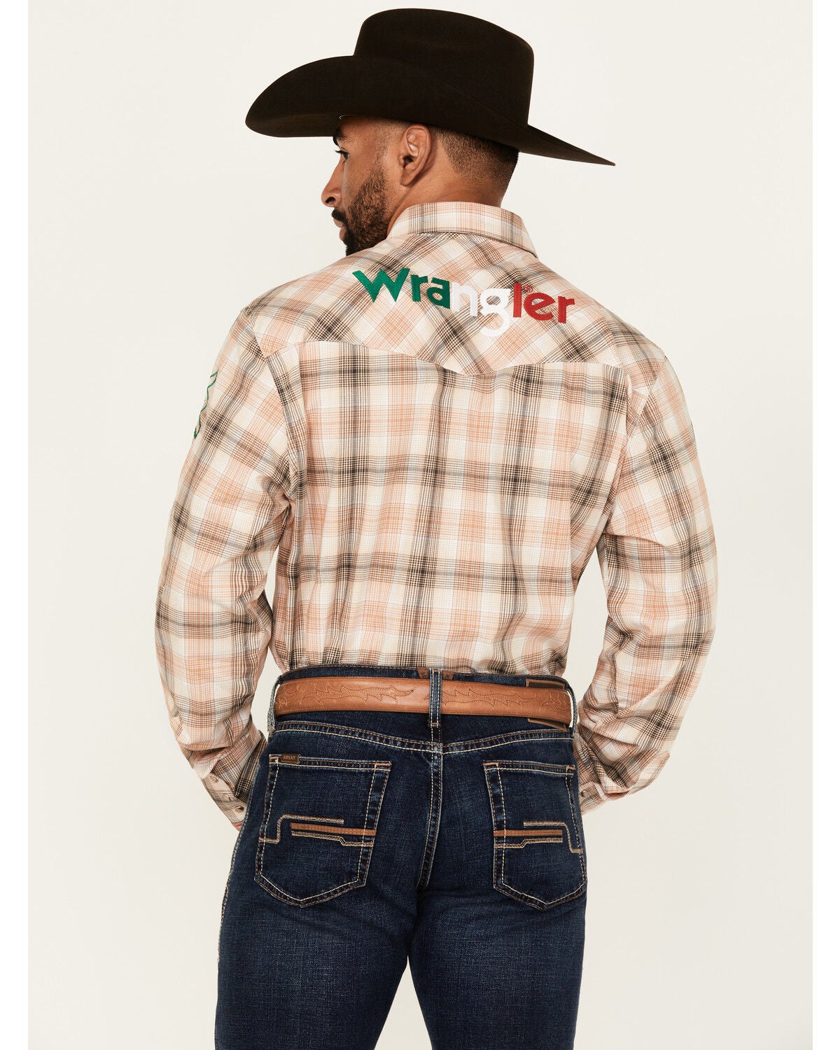 Image #4 - Wrangler Men's Mexico Logo Plaid Print Long Sleeve Snap Western Shirt, Tan, hi-res