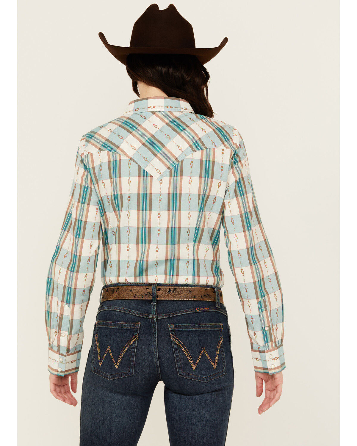 Image #4 - Wrangler Retro Women's Plaid Print Long Sleeve Snap Western Shirt, Teal, hi-res
