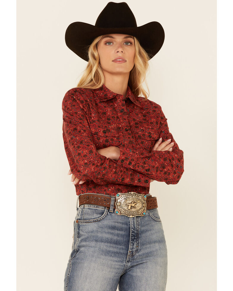 Shyanne Women's Burgundy Floral Print Long Sleeve Button-Down Western Core Riding Shirt , Burgundy, hi-res