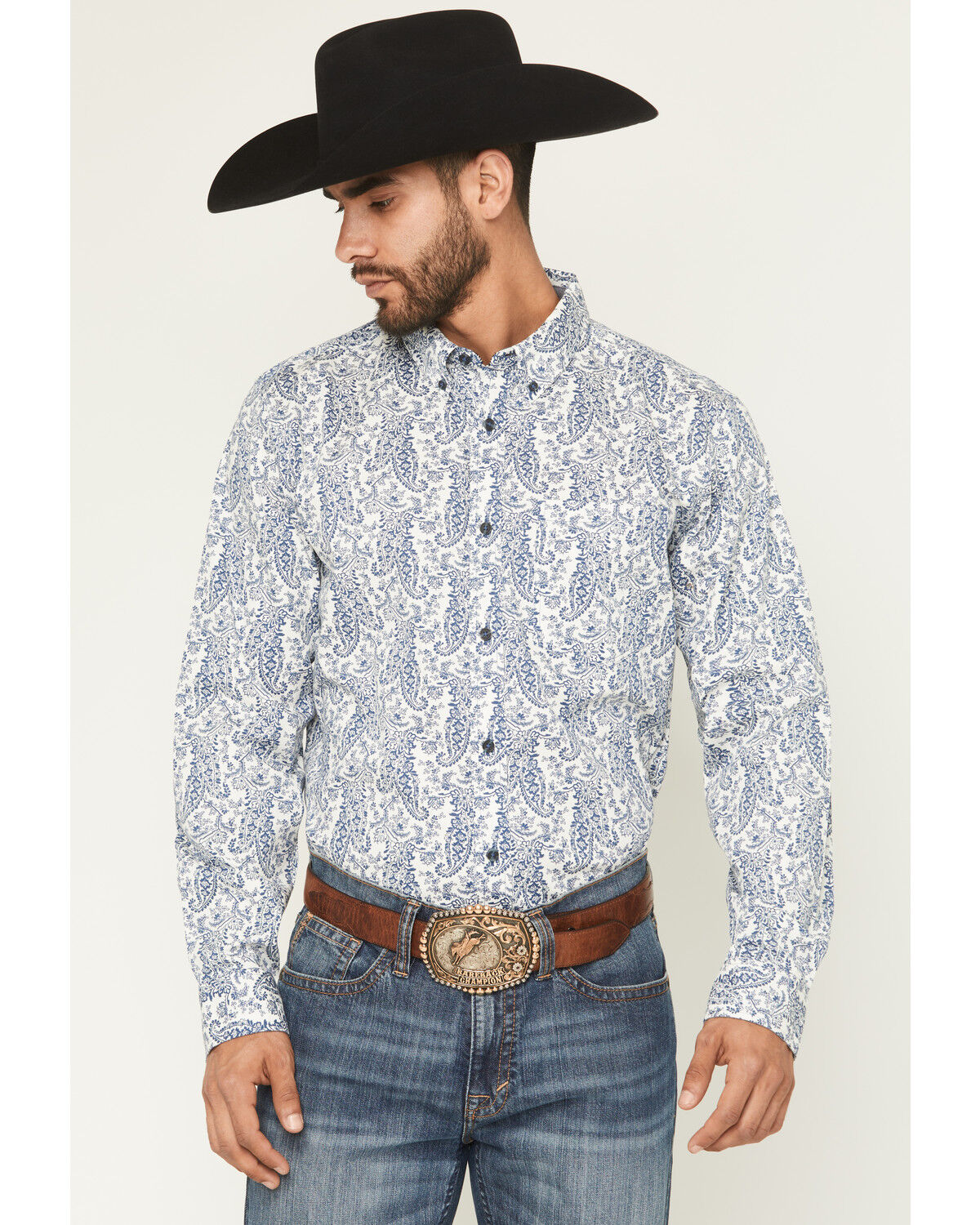 Image #1 - Cody James Men's Dagget 2.0 Paisley Print Long Sleeve Button-Down Stretch Western Shirt, Navy, hi-res