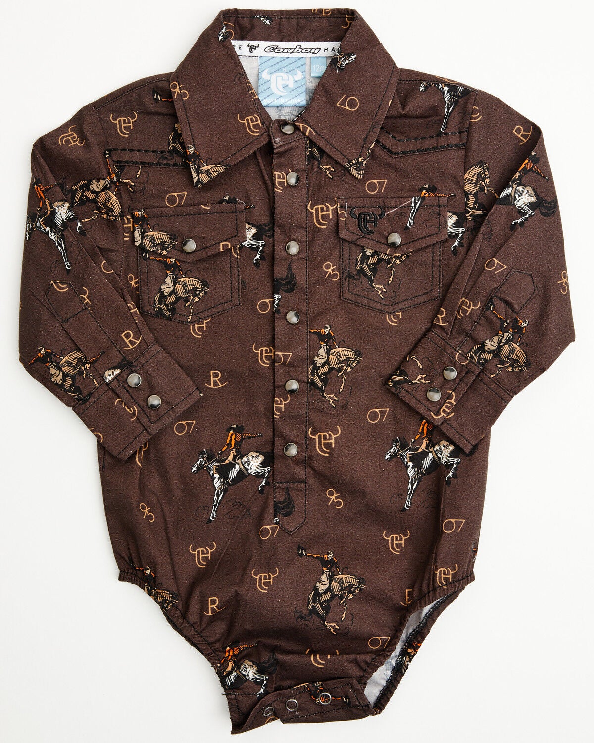 Image #1 - Cowboy Hardware Infant Boys' Bronc Print Long Sleeve Snap Onesie, Dark Brown, hi-res